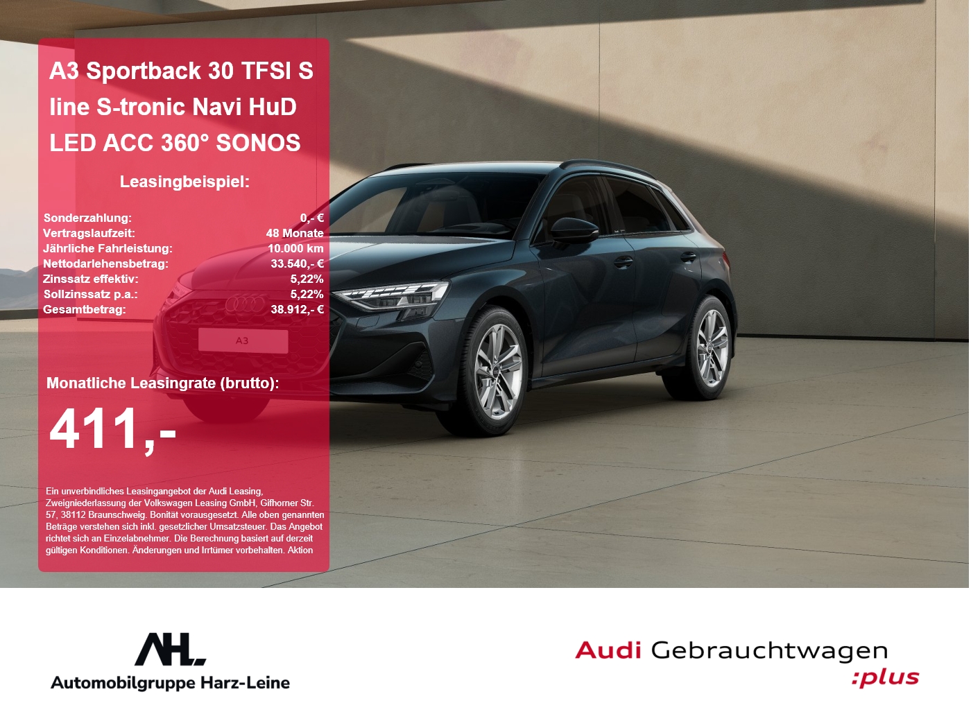 A3 Sportback 30 TFSI S line S-tronic Navi HuD LED ACC 360° SONOS
